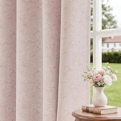 Pink Floral Jacquard Blackout Curtains 96 Inches Long for Living Room Bedroom Chenille Flower Room Darkening Thermal Insulated Soundproof Grommet Window Treatments Drapes 2 Panels