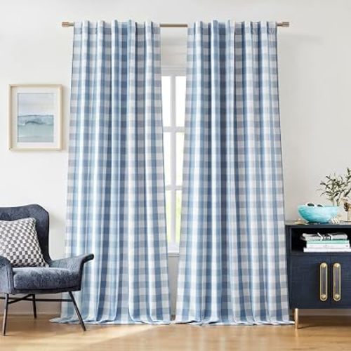 Dusty Blue Plaid Full Blackout Curtains 95 Inches Long,Farmhouse Geo Pattern Drapes,Modern Energy Efficient Window Treatment for Bedroom Living Room,Rod Pocket Back Tabs,52" Wx95 Lx2