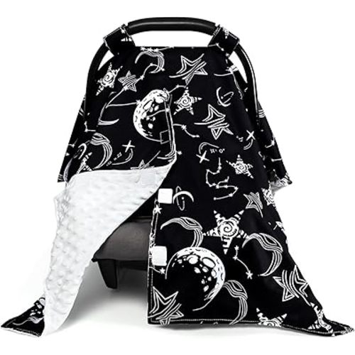 Baby Car Seat Cover, Soft Minky Warm Winter Car Seat Canopy for Infants & Toddlers, Opening with Adjustable Strap, Breathable Nursing Cover & Stroller Blanket, Black Starry Sky (Fits Most Car Seats)
