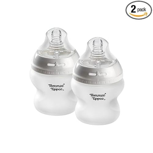 Tommee Tippee Silicone Coated Glass Baby Bottles for Feeding, 5 0z, Anti-Colic, 0+ Months, Slow Flow Breast-Like Nipple, Shatter-Proof Glass, BPA Free, Pack of 2