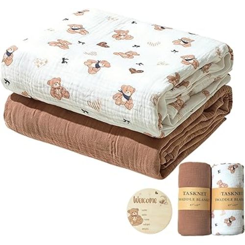Muslin Swaddle Blankets for Baby,2 Pack Cotton Breathable Soft Receiving Blankets for Baby Boys and Girls,Baby Essentials & Gift,47x47inches (Brown Bear)