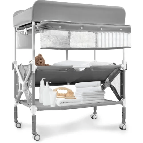 Portable Foldable Baby Changing Table Dresser Waterproof Diaper Changing Station with Wheels, Adjustable Height Changing Table Station Mobile Nursery Organizer for Newborn and Infant, Grey