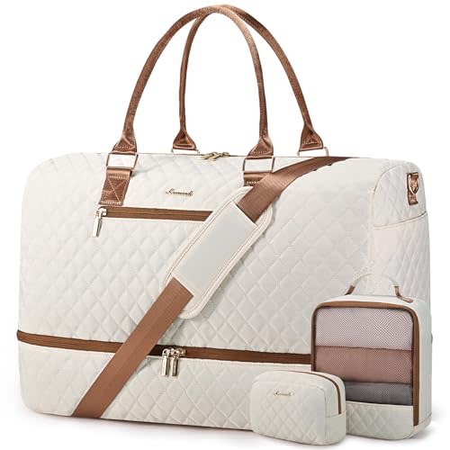 LOVEVOOK Travel Duffle Bag for Women, Weekender Overnight Bag with Shoe Compartment, Carry on Bag with Toiletry Bag, Gym Duffel Bag with Wet Pocket, Hospital Bags for Labor and Delivery 3 Pcs Set