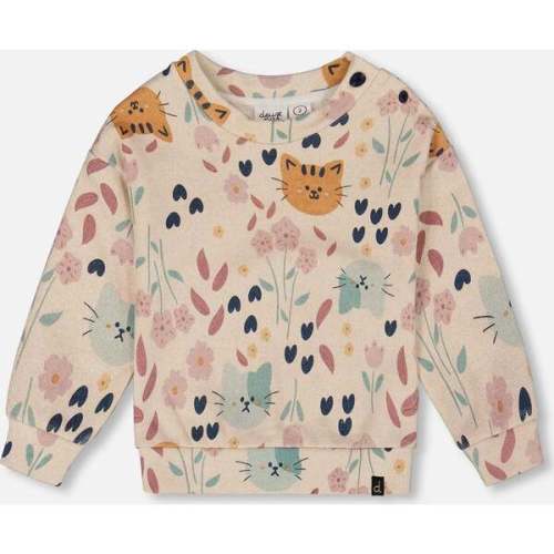 Glittering French Terry Sweatshirt, Beige Cat Print