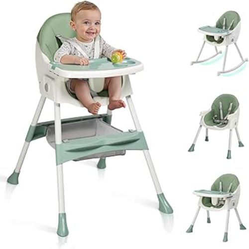 Ktaxon Baby High Chair, 6-in-1 Portable Feeding Rocking Seat with Adjustable Backrest, Removable Tray and 5-Point Safety Harness, Travel Folding Highchair for Toddlers & Babies, Green