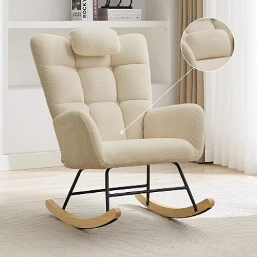 Garvee Nursery Rocking Chair, Teddy Upholstered Glider Rocking Chair with High Backrest, Armchair Reading Chair for Adults, Nursery, Bedroom, Living Room, Office, Beige Without Ottoman