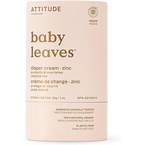 ATTITUDE Plastic-Free Diaper Cream Bar with Zinc for Baby, EWG Verified, Dermatologically Tested, Vegan, Unscented, 1 Ounce