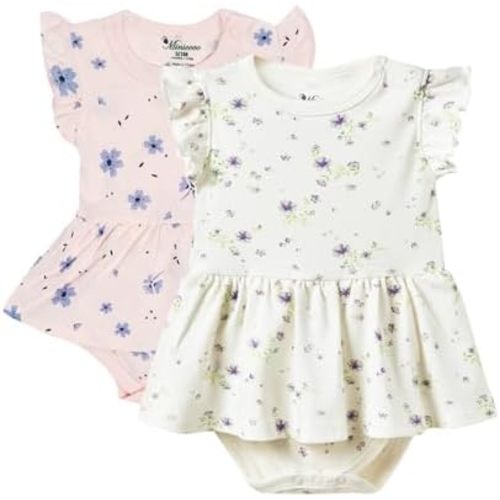 2 Pack Baby Girl Bodysuit Dress Short Ruffle Sleeve Newborn Skirted Romper Infant Summer Outfits for 3-6 months
