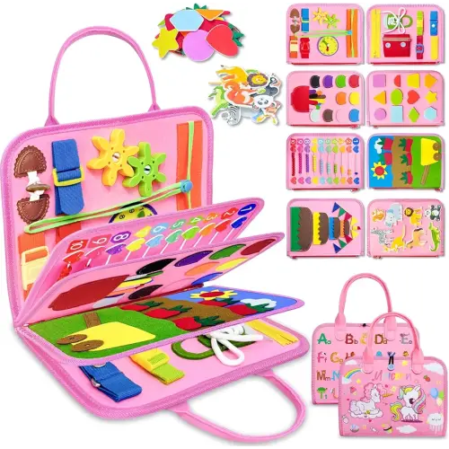 Exorany Busy Board Montessori Toys for Toddler Girl Birthday Gifts, Busy Book Sensory Learning Toys for Toddlers, Toddler Girl Airplane Car Travel Toy Educational Activities