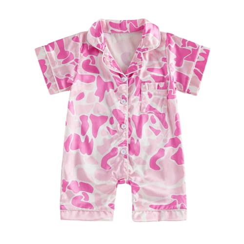 fyclemt Newborn Baby Boy Girl Silk Pajamas Daisy Short Sleeve Button Up One Piece Romper Camo Jumpsuit Nightgown Sleepwear