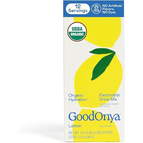 GOODONYA Organic Hydration Electrolyte Drink Mix, Certified Organic Hydration Powder, Non-GMO, Biochecked Glyphosate Free, Low Sugar, Lemonade Flavor, No Artificial Flavors,12 Stick Packs