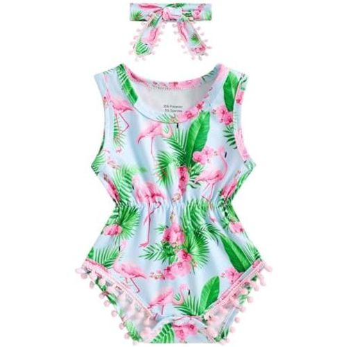 UNICOMIDEA Baby Girl Clothes 0-24 Months Floral Sleeveless Baby Cowgirl Newborn Romper Jumpsuit Outfit Set with Headband