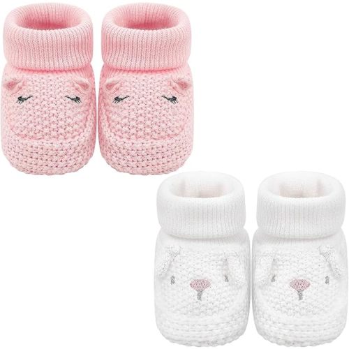 Newborn Shoes Knit Soft Baby Sock Booties for Infant Boys Girls First Walking 2 Pairs, 0-3 Months