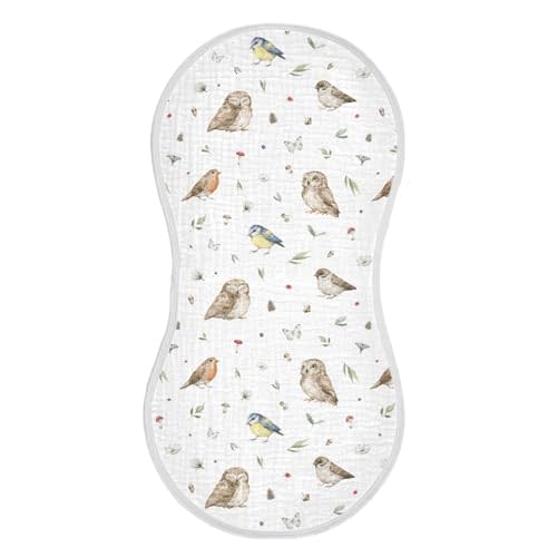vvfelixl Muslin Burp Cloths Owl Sparrow Robin Birds Baby Washcloths for Baby Girl Boys 2 Pack White