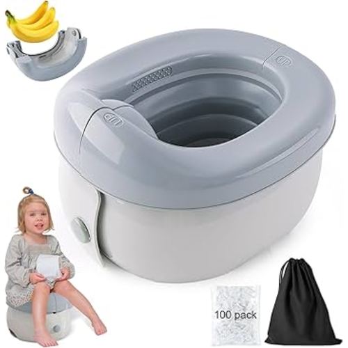 Travel Potty, Portable Potty Seat for Toddler Travel with Storage Bags Foldable Training Toilet Chair for Kids Boys Girls Car Potty for Camping Outdoor and Indoor, 100 Disposable Liners, Grey