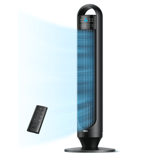 DREO Tower Fans for Home, 32" Standing Floor Fan, 26 ft/S Bladeless Fan with Remote, 90° Oscillating, 3 Modes, 3 Speeds, LED Display, 8H Timer, Quiet Room Fan