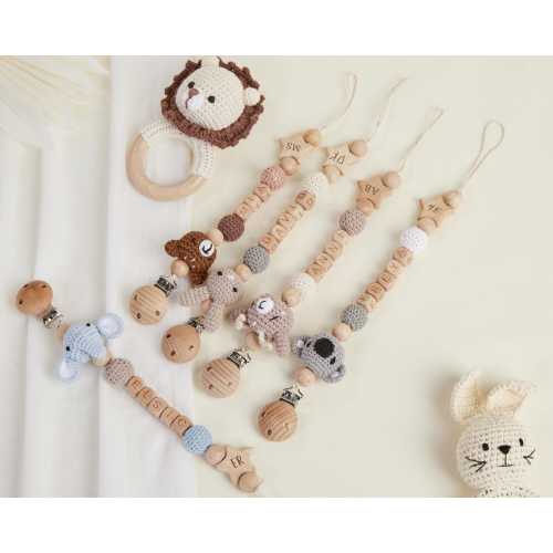 Custom Name Pacifier Clip with Crocheted Animal,Personalized Wooden Pacifier Clip,Silicone Crochet Beaded,Baby Shower Gift for Kids