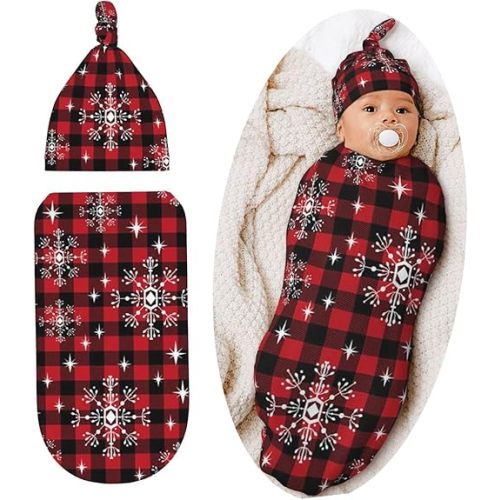 Christmas Buffalo Check Swaddle Blanket Hat Set For Boys Girls, Soft Red Black Buffalo Plaid Newborn Sleeping Sack Receiving Blanket Shower Gift