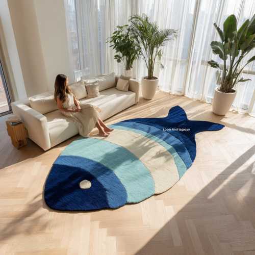 Artistic Fish Rug - Irregular Shape Area Rug - Hand-Tufted Wool Rug - Custom Animal Rug