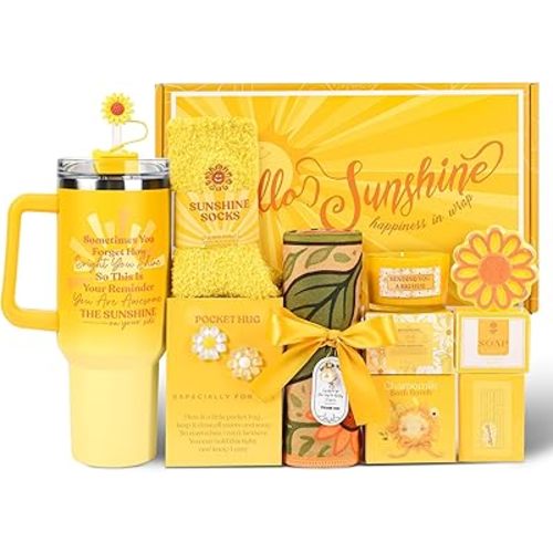 Gift Baskets for Women,Sunshine Basket Gifts for Women,8pcs Yellow Birthday Gifts for Women,Hello Sunshine Gift Box,Yellow Themed Gifts Set Get Well Soon Gift Basket Christmas Gift