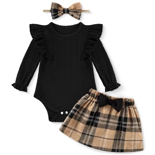 Weixinbuy Baby Girls Fall Outfits 3-Piece Set Long Sleeve Romper & Plaid Skirt Headband Soft Snap Closure 0-18M
