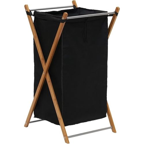 Household Essentials X-Frame Bamboo Laundry, Collapsible Wood Frame with Washable Poly-Cotton Bags