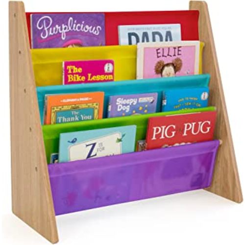 Humble Crew 4-Tier Kids Bookshelf, Natural Wood/Rainbow - Premium Book Shelf for Kids Rooms with Four Deep Pockets - Toddler Sling Book Rack with Deep Sleeves, Nursery Bookcase Organizer