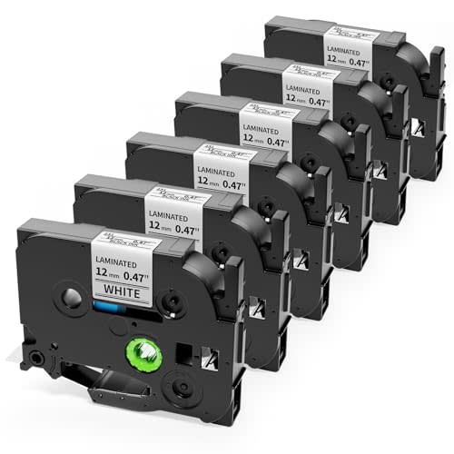 6Pack Compatible Brother P-Touch Label Maker Tape TZe 12mm 0.47 Laminated White TZ Black on White Refills and Compatible with Brother Label Maker PT-D210 D220 H110 1000 1280 D400 Cube, 1/2" x 26.2'