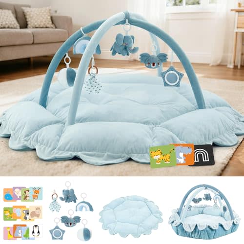 5-in-1 Baby Activity Gym & Play Mat with 6 Hanging Toys, Tummy Time Mat & Cards - Extra Large, Reversible Machine Washable Pad - Gift for Newborns, Infants 0-12 Months, Blue