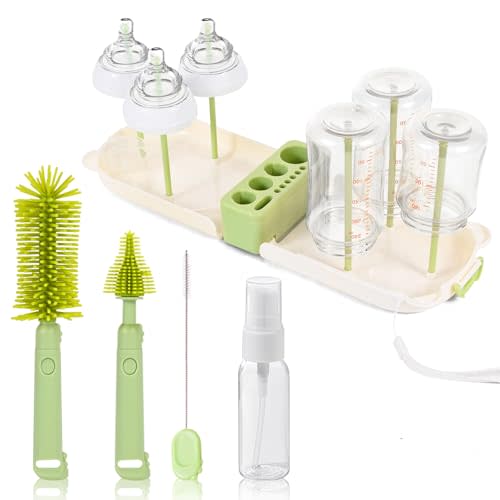 Portable Baby Bottle Brush Set, 7-in-1 Travel Baby Bottle Cleaning Kit, Portable Bottle Washing Kit with Silicone Bottle Brush, Nipple Brush, Straw Brush, Drying Rack for Home & Travel (Green)