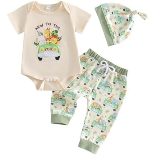 GOOCHEER Newborn Baby Boy Clothes Zoo Animals Short Sleeve Romper Shirt Top Pants Hat Set Summer Outfits
