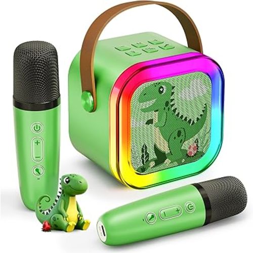 Mini Karaoke Machine for Kids Girls & Boys - Portable Bluetooth Speaker with 2 Wireless Microphones - Kids Birthday Gifts for Ages 4-10 - Dinosaur