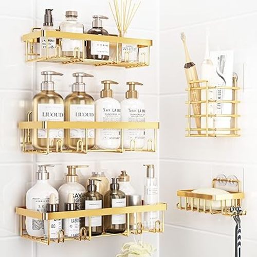 5 Pack Shower Caddy Organizer Rack Shelf for Inside Shower, Self Adhesive Wall Storage Basket Rustproof Stainless Steel Shampoo Holder Bathroom Accessory Decor Set, Gold