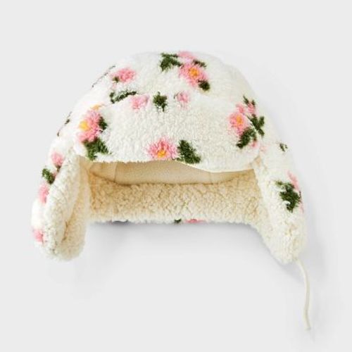 Baby Girls' Floral Shearling Trapper Hat - Cat & Jack™ Cream/Pink 12-24M