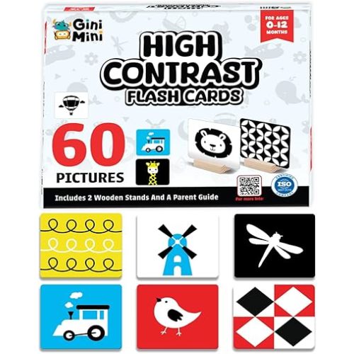High Contrast Flashcards for 0-12 Months - Black, White & Primary Colors for Visual Stimulation | 60 Large Pictures for Newborn Babies & Infants, Gifts, Travel Friendly