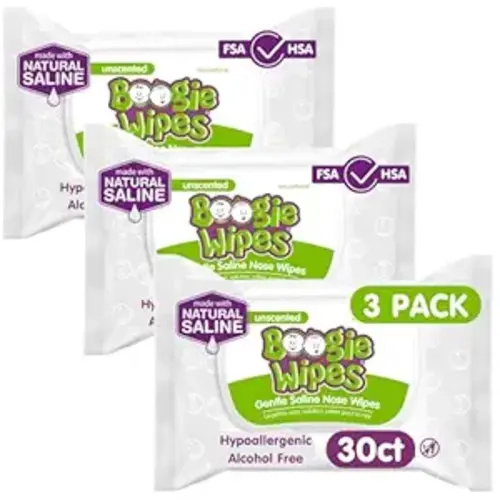 Boogie Wipes, Saline Wipes for Baby & Kids, Nose Booger Wipes for Allergy Relief, Face, Hand & Body, Made with Vitamin E, Aloe and Natural Saline, Unscented, 30 Count (Pack of 3)