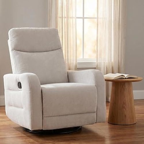 360° Swivel Glider Rocker Recliner Chair, Manual Reclining Sofa Chair with Side Pull Handle,Fabric Upholstered Lounge Chair for Living Room, Bedroom,Nursery,Office (Beige-Swivel)