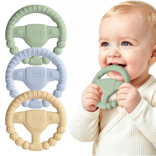 3 Pack Baby Teething Ring Toys for 0-6 6-12 Months, BPA-Free Silicone | Steering Wheel Baby Teether, Multi-Texture for Teething Relief, Easy to Grip, Baby Chew Toys, Gift for Newborns Infants