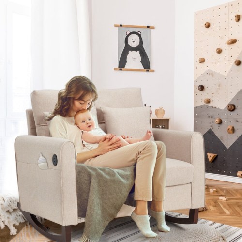 EROMMY Extra Wide Upholstered Rocking Chair with Tall Back, Storage Pockets for Living Room or Bedroom - 28.4x39.4x37