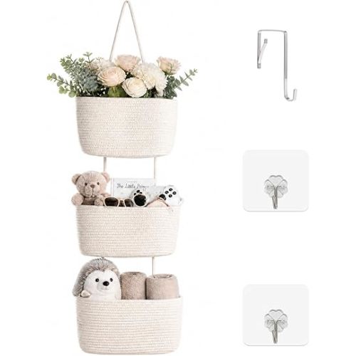 ICERZCZ Hanging Baskets for Organizing, Over the Door Decorative Storage Organizer, Nursery Decor Organization, 3-Tier Wall Basket for Entryway Playroom Bathroom Closet, Off White