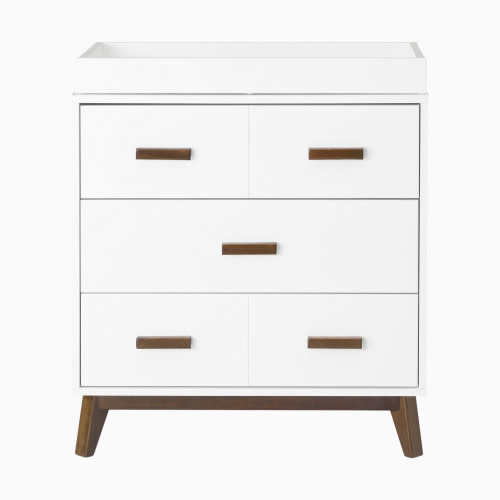 babyletto Scoot 3-Drawer Changer Dresser with Removable Changing Tray - White/Natural Walnut