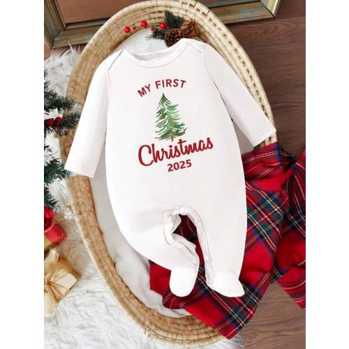 Newborn Baby Christmas Tree Print Knit Pajamas, Suitable For Everyday Wear And Sleepwear, Long Sleeve Footed Romper | SHEIN USA