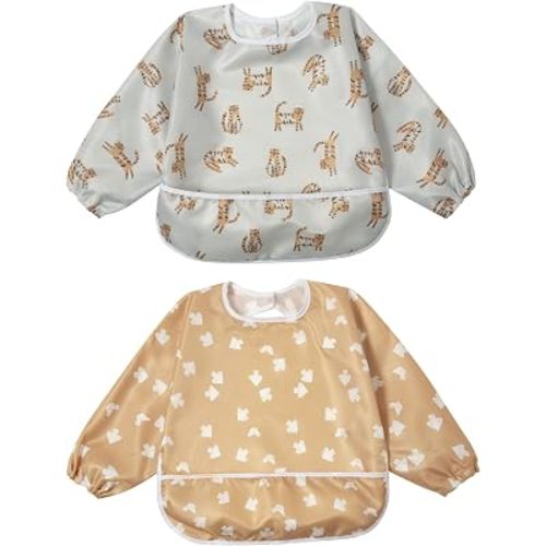 Baby Bib with Pocket Waterproof Toddler Bibs Infant Feeding Bibs for Boys and Girls, Pack of 2 Colors