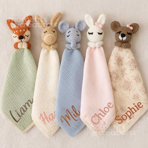 Personalized Name Baby Blanket Lovey Set: Crochet Animal, Muslin & Fleece
