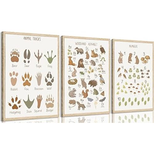 Animal Tracks Wall Art Woodland Animals ABC Wall Decor Alphabet Numbers Educational Posters Prints Nursery Pictures Toddler Learning Paintings Artwork for Classroom Kids Home Decoration