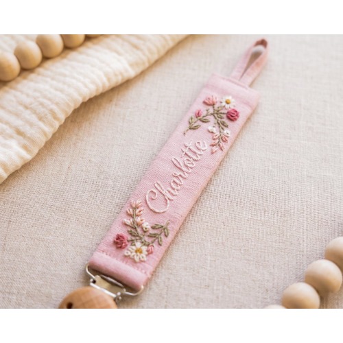 Hand Embroidered Personalized Pacifier Clip, Personalized Fabric Pacifier Clip, Floral Baby Pacifier Holder, Baby Shower Gift, Newborn Gift