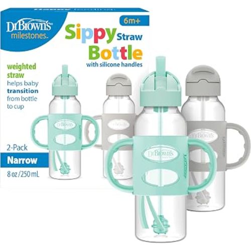 Dr. Brown's Narrow Sippy Straw Bottle with Handles, Gray & Green, 2-Pack
