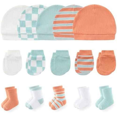Newborn Baby Boy Girl Caps Mittens Socks Set Cotton Baby Essentials Accessories (Hats+Gloves+Socks)
