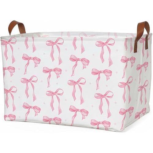 Pink Bow Storage Basket: Waterproof Canvas Toy Storage Bin Coquette Room Decor Nursery Laundry Hamper