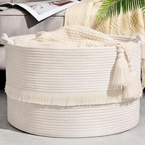 Large Blanket Basket, 20"x13" Woven Storage Baskets With Handle, Cotton Rope Blanket Basket Living Room, Baby Laundry hamper for Blanket, Nursery, Toy, Pillow (White)